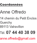 Coordonnées Anne Offredo 14 chemin du Pet